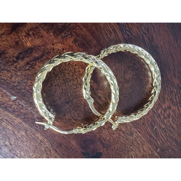14K Solid Gold Weave 30mm Pattern Hoop Earrings for Women - Picture 4 of 10